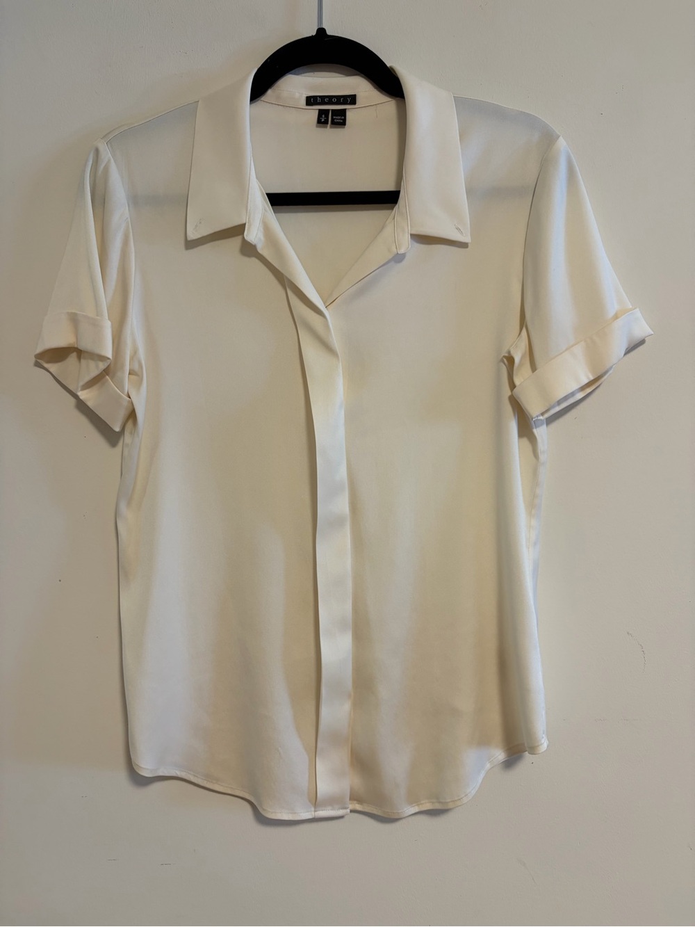 Theory Trullie Ivory 96% Silk Short Sleeve Blouse Top Size S